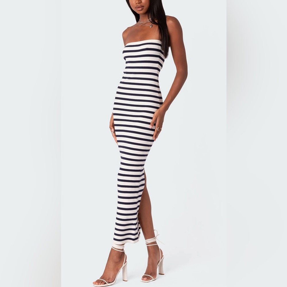 Edited Knit Back‎ Slitted Maxi Dress white with black stripes size medium NWT